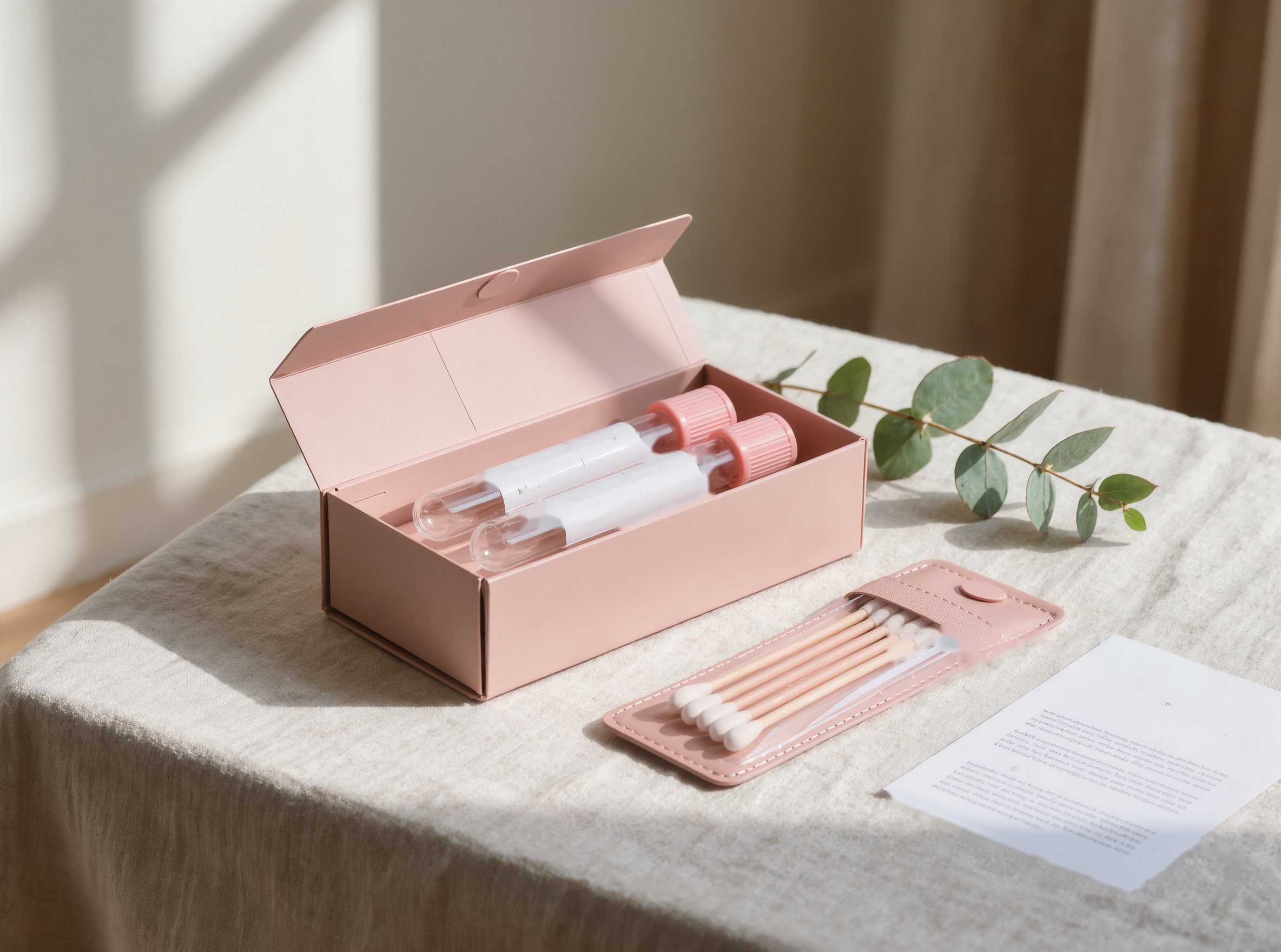 At-home collection kit on a linen table